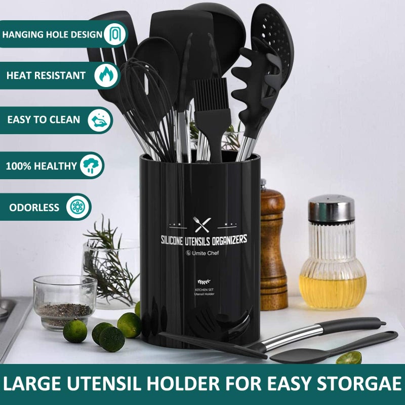 Umite Chef Silicone Cooking Utensil Set, Umite Chef 15pcs Silicone Cooking Kitchen Utensils Set, Non-stick - Best Kitchen Cookware with Stainless Steel Handle - Black Kitchen Utensils - Image 2